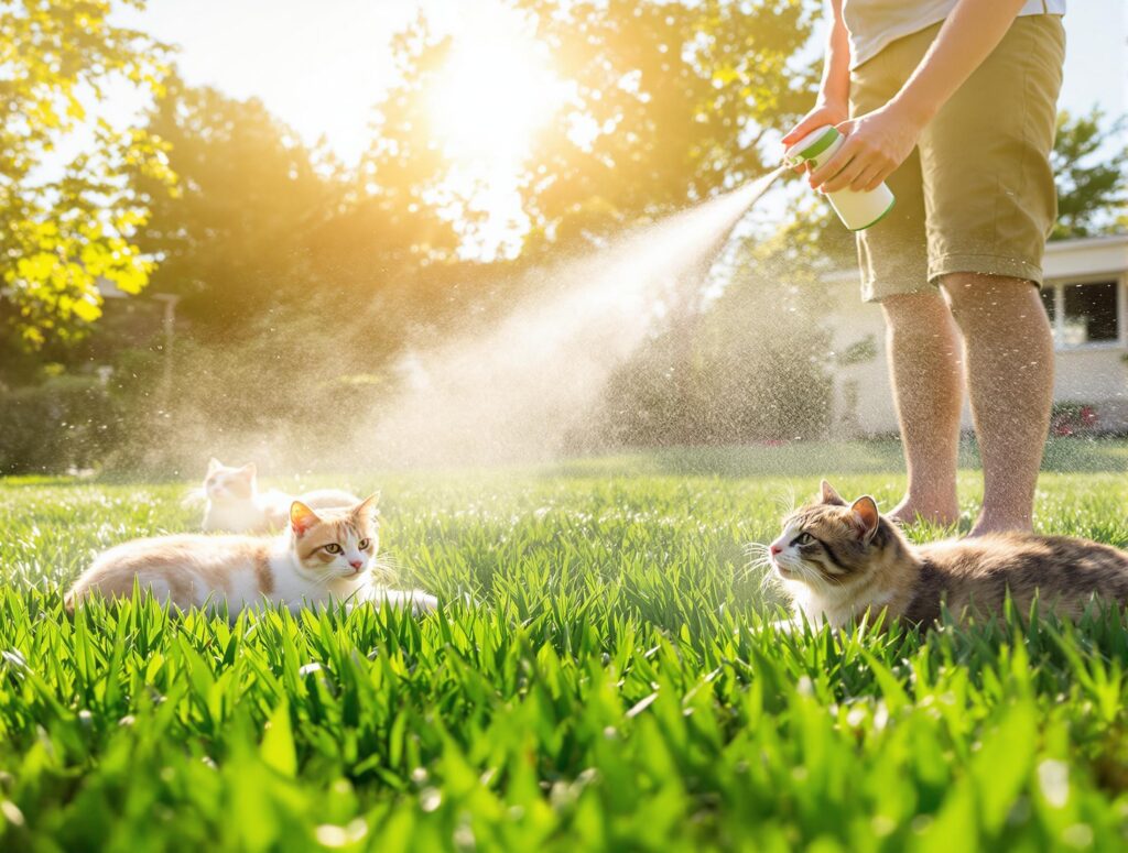 Domestic cats in a backyard with a homeowner applying eco-friendly flea spray, highlighting outdoor flea control.