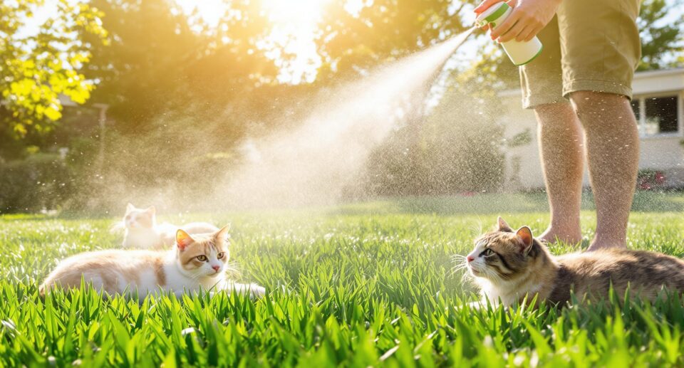 Domestic cats in a backyard with a homeowner applying eco-friendly flea spray, highlighting outdoor flea control.