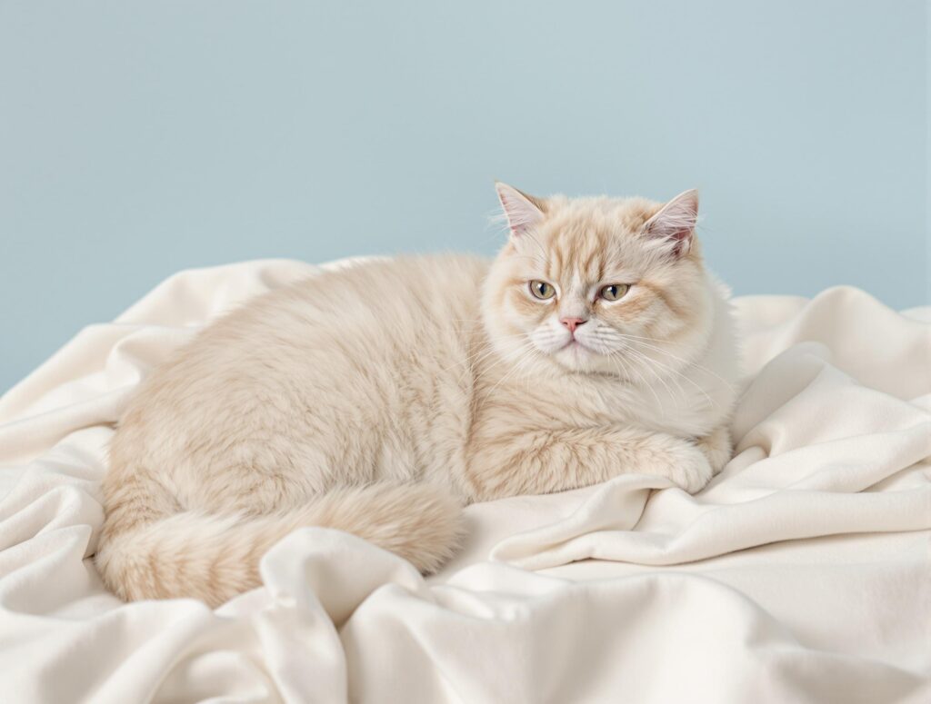 A relaxed overweight domestic cat with a prominent primordial pouch on a luxurious ivory and cornflower blue blanket.