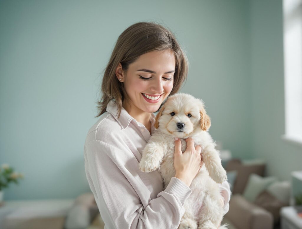 Young pet owner holding a calm mixed-breed puppy after vaccination, highlighting relief and joy, in a bright veterinary clinic setting.