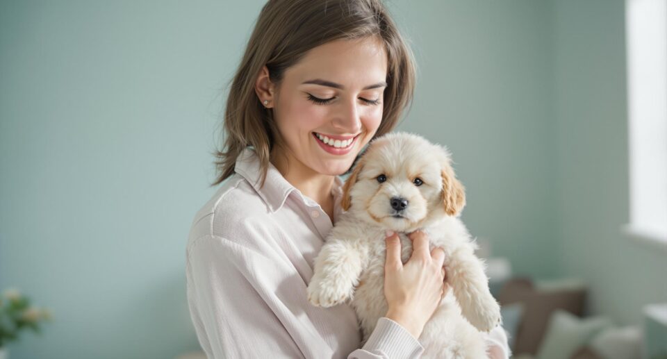 Young pet owner holding a calm mixed-breed puppy after vaccination, highlighting relief and joy, in a bright veterinary clinic setting.