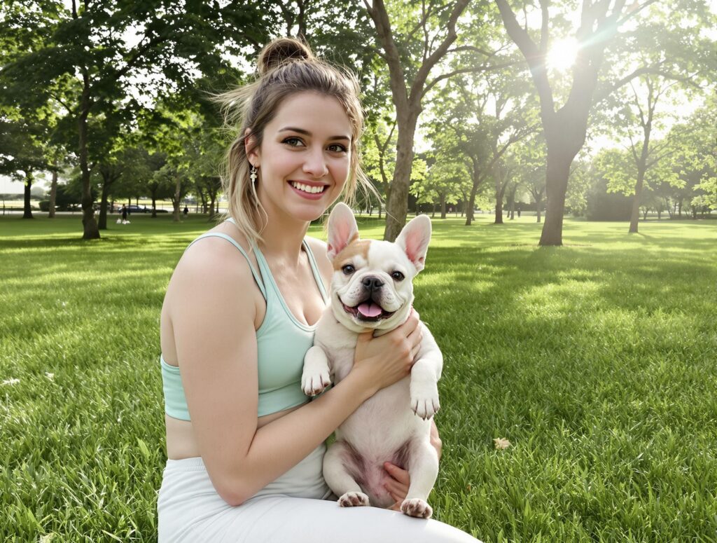 Young dog owner holding a French Bulldog puppy in a park, conveying joy and companionship, related to parvovirus treatment for dogs.