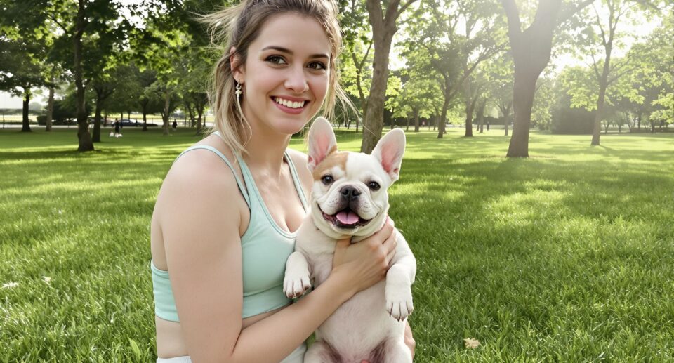 Young dog owner holding a French Bulldog puppy in a park, conveying joy and companionship, related to parvovirus treatment for dogs.