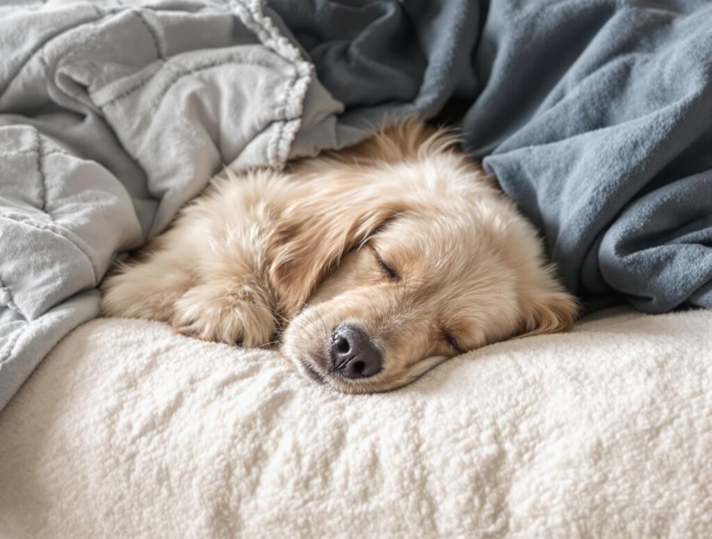 A Golden Retriever rests peacefully on cozy bedding while recovering from kidney stones