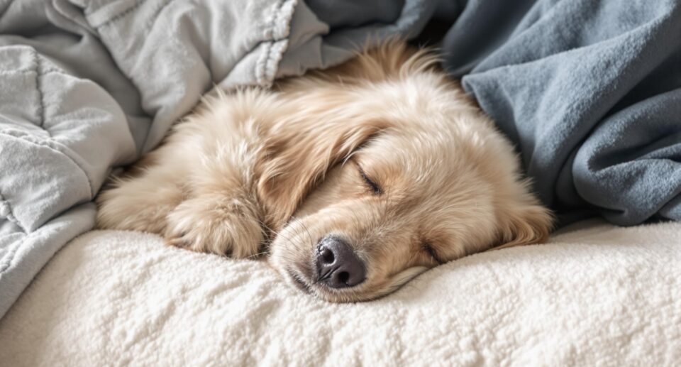 A Golden Retriever rests peacefully on cozy bedding while recovering from kidney stones