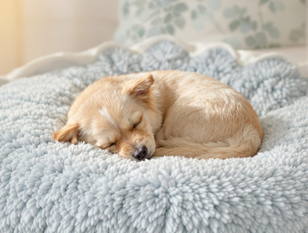 A small, soft-coated dog peacefully sleeps on a luxurious powder blue and ivory bed with warm, gentle lighting.