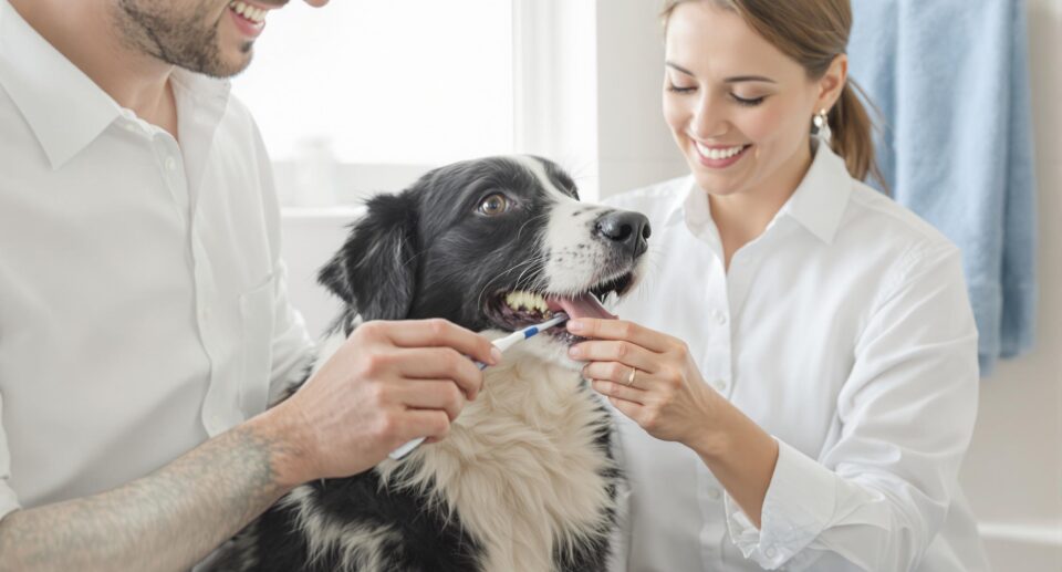 Pet owner brushing the teeth of a black and white dog to prevent periodontal disease in a clean bathroom setting.