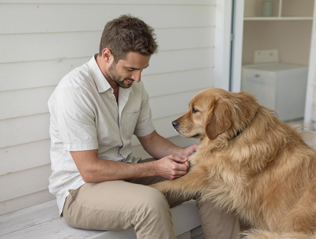 Pet Owner Removing Tick on a Porch