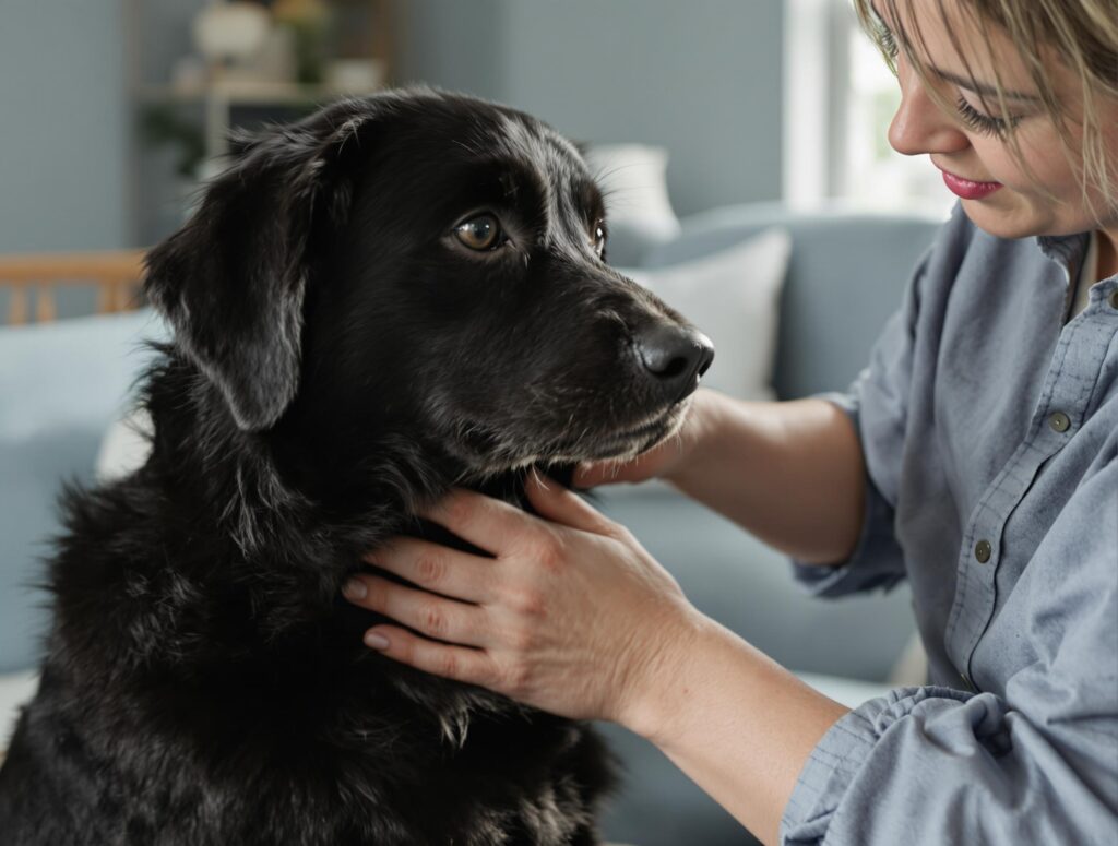 Mid-30s pet owner inspects black dog's fur in softly lit living room, showcasing pet care attentiveness.