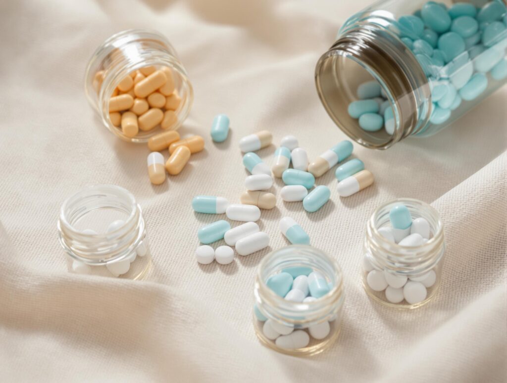 Orange, blue, and white pet medication pills are in and and spill out from various jars against a beige fabric background