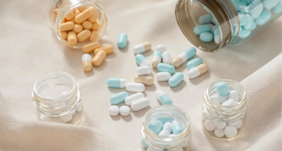 Orange, blue, and white pet medication pills are in and and spill out from various jars against a beige fabric background