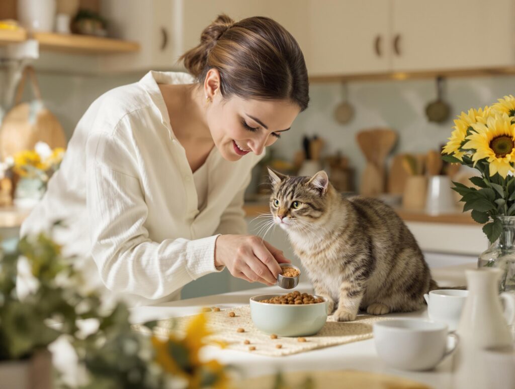 A caring cat owner in a warm kitchen prepares a nutritious meal for their attentive feline, emphasizing pet nutrition and connection.