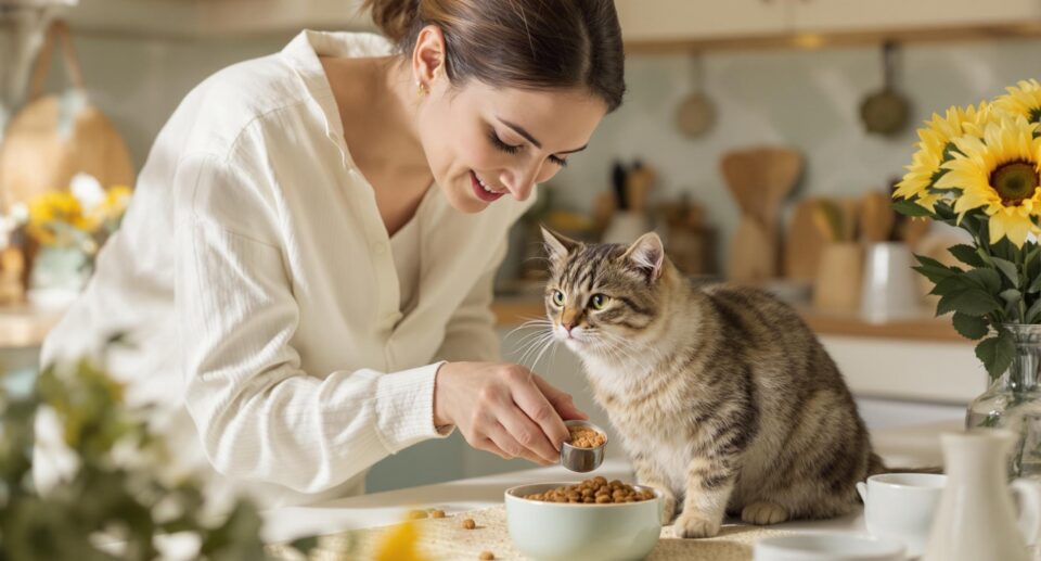 A caring cat owner in a warm kitchen prepares a nutritious meal for their attentive feline, emphasizing pet nutrition and connection.