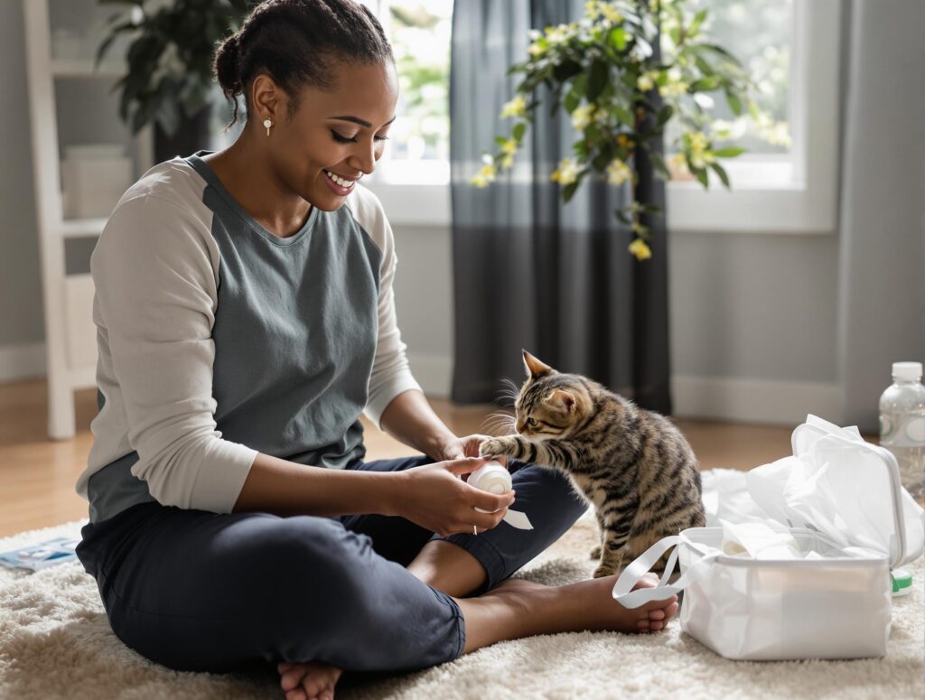 A compassionate pet owner organizing a first aid kit while a tabby cat plays, illuminated by soft natural light.