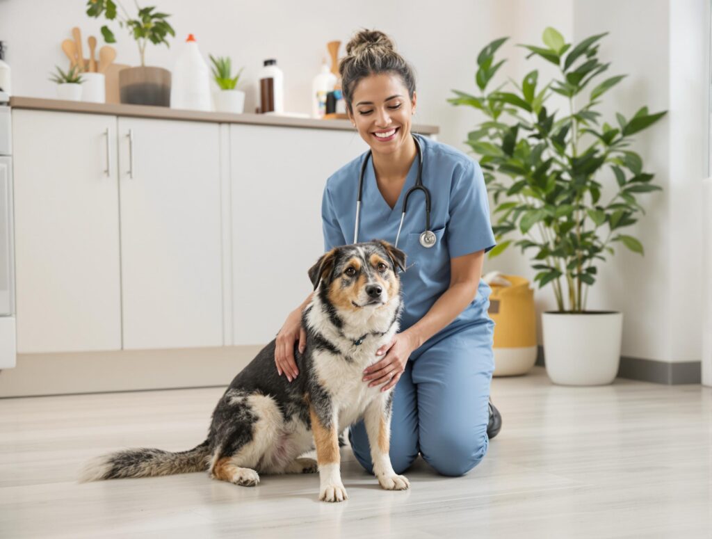 A multi-ethnic female veterinarian kneels beside a rescue dog on a kitchen floor, highlighting pet safety with household items.