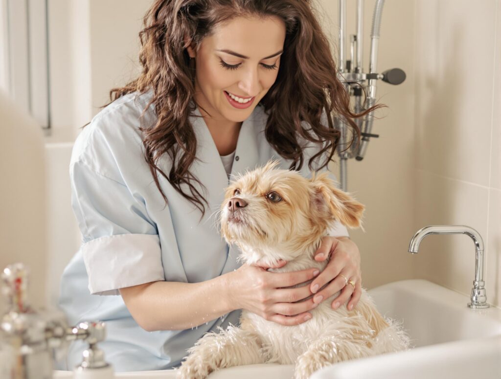 Pet Sitter Bathing the Dog