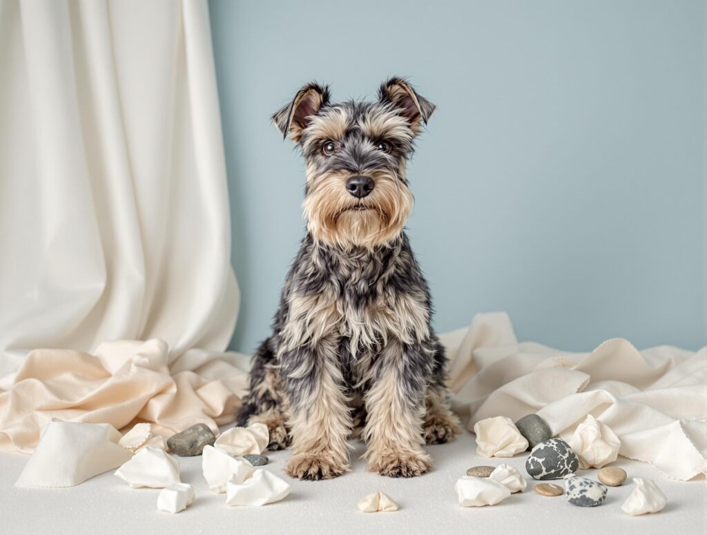 Medium-sized terrier dog with calm expression surrounded by fabric, rocks, and paper, highlighting pica in dogs.