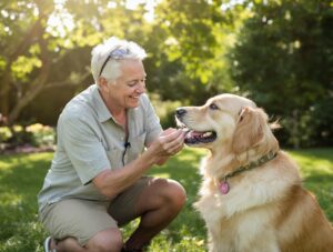 man giving a golden retriever a pill in a yard