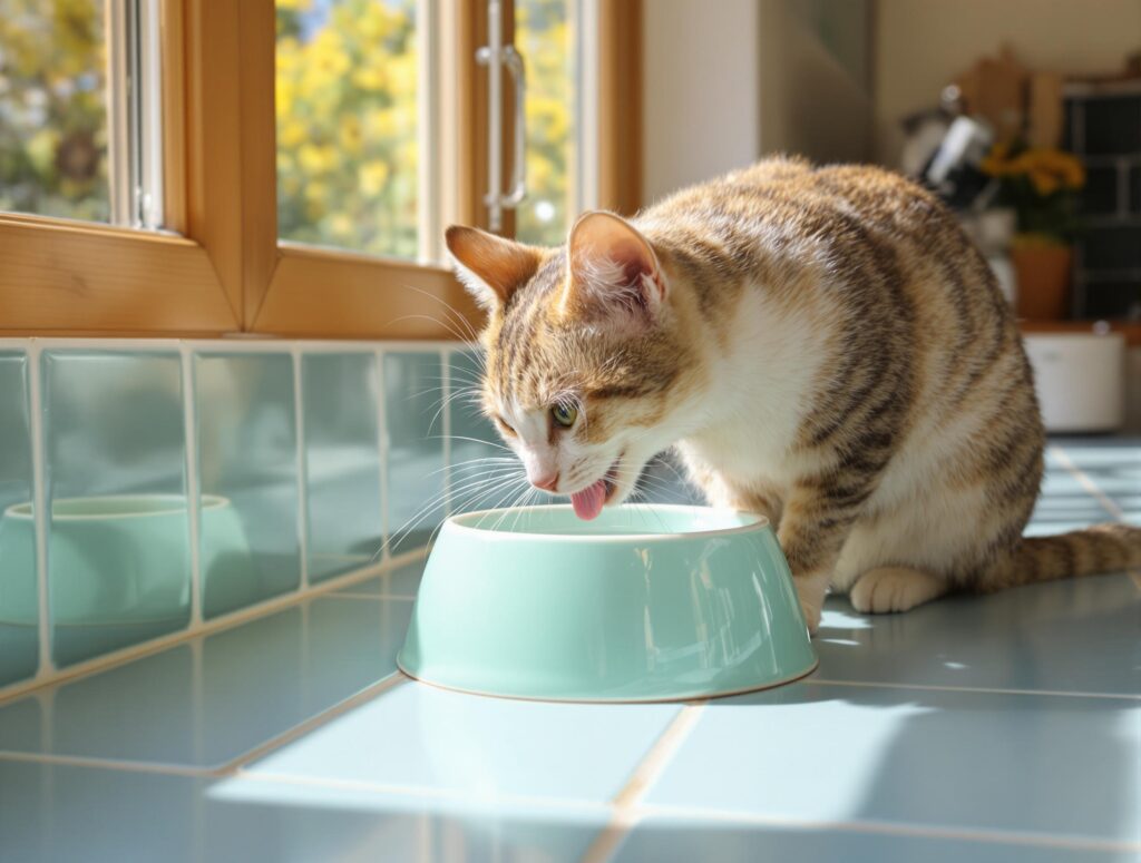 A sleek domestic shorthair cat drinks from a mint green ceramic bowl on blue tiles, with sunlight streaming through kitchen windows.