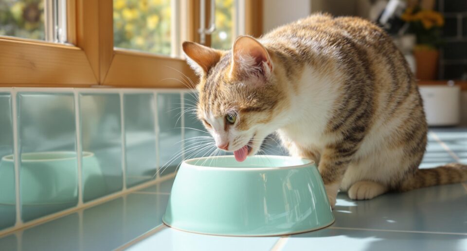 A sleek domestic shorthair cat drinks from a mint green ceramic bowl on blue tiles, with sunlight streaming through kitchen windows.