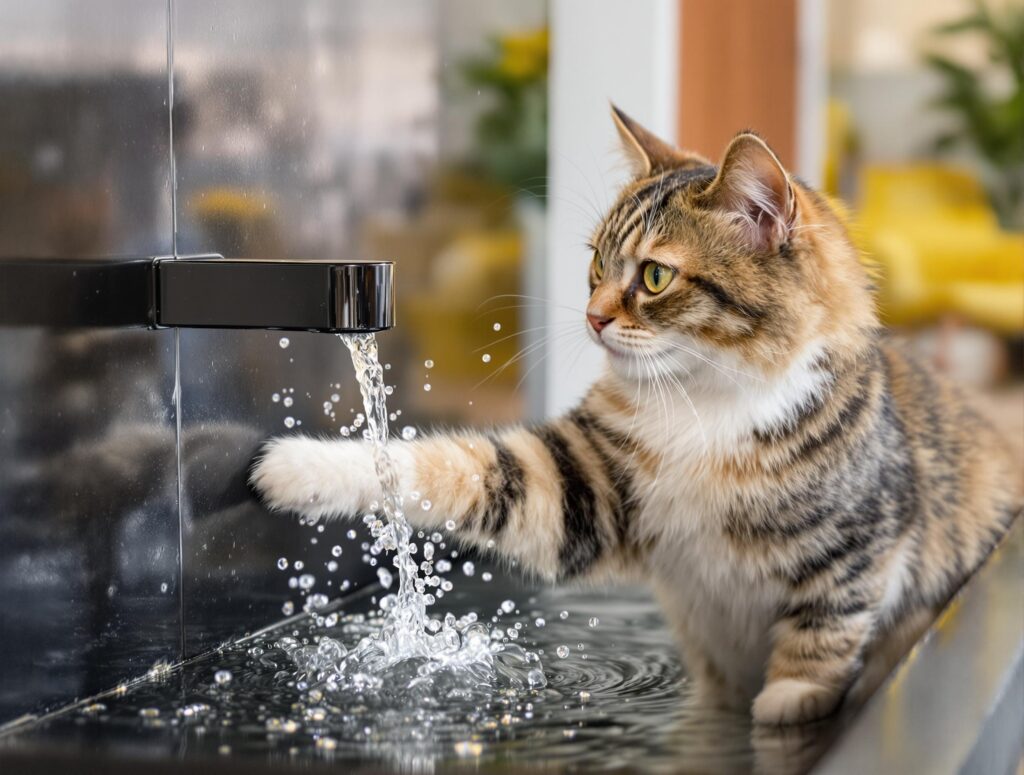 A playful domestic cat with a curious expression interacts with a sleek indoor water feature, captured in a minimalist interior setting.