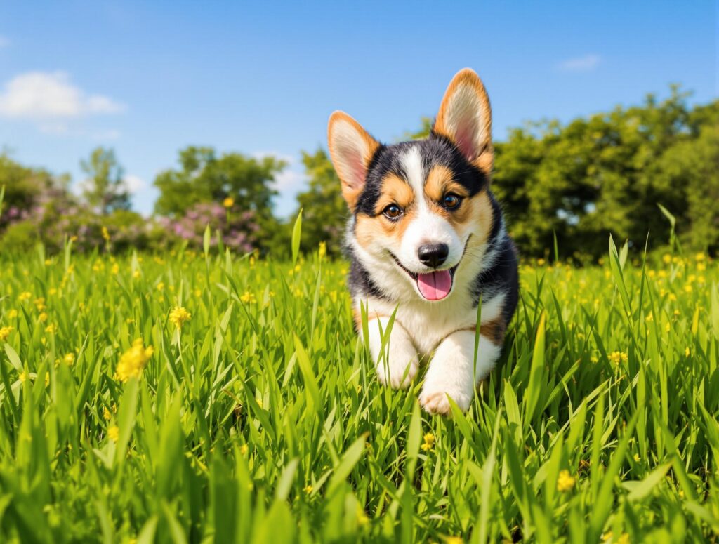 Playful Corgi puppy running across a sunlit grassy field with a joyful expression.