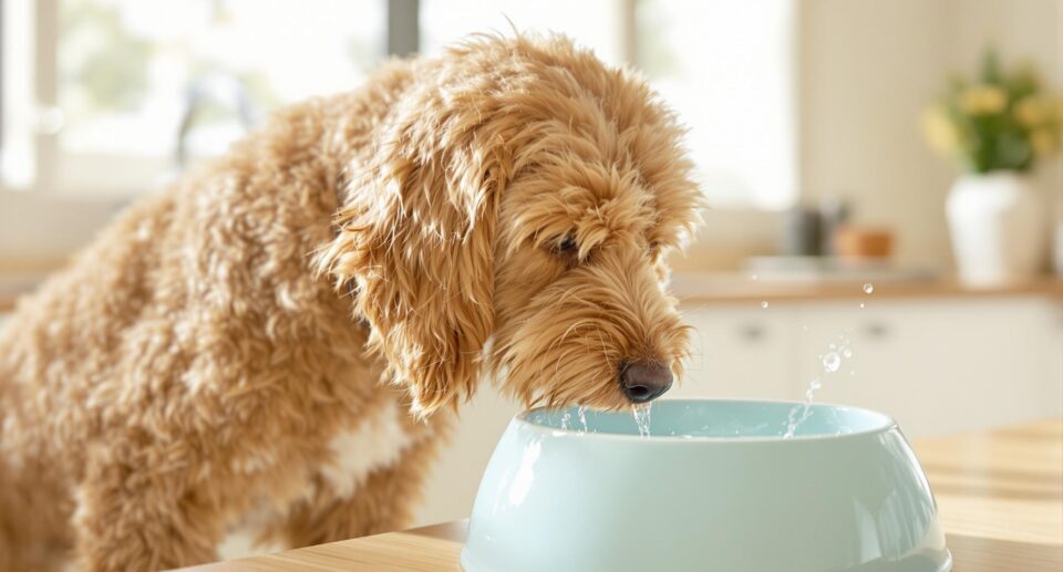 Goldendoodle drinks enthusiastically from a light blue water bowl, demonstrating the importance of monitoring your pet's water intake for their health.