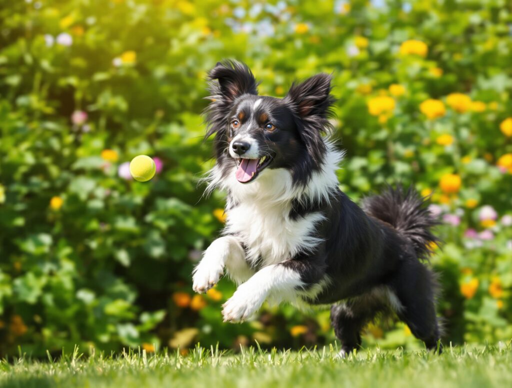 A vibrant medium-sized dog, like a Border Collie, mid-leap in a lush garden, showcasing energy and joy amidst sunflower yellow flowers.