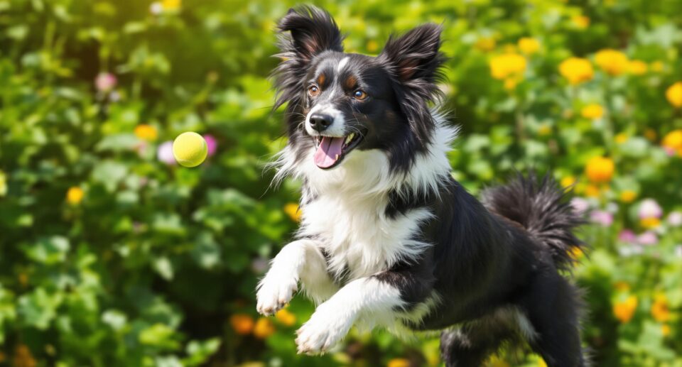 A vibrant medium-sized dog, like a Border Collie, mid-leap in a lush garden, showcasing energy and joy amidst sunflower yellow flowers.