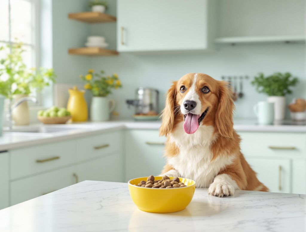 Playful Spaniel or Corgi enjoying gourmet pet food in a modern kitchen with mint green accents.