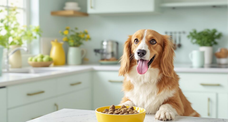 Playful Spaniel or Corgi enjoying gourmet pet food in a modern kitchen with mint green accents.