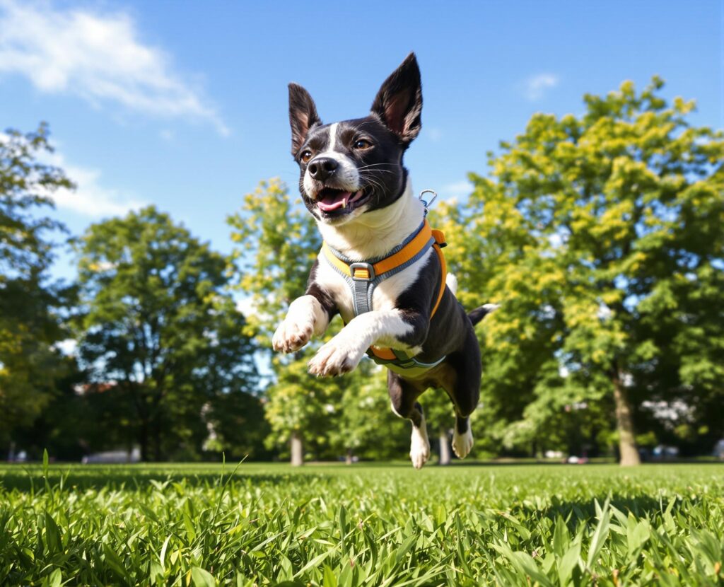 A playful mixed-breed dog wearing a harness leaps energetically during fetch in a sunlit urban park, highlighting dog mobility and joy.