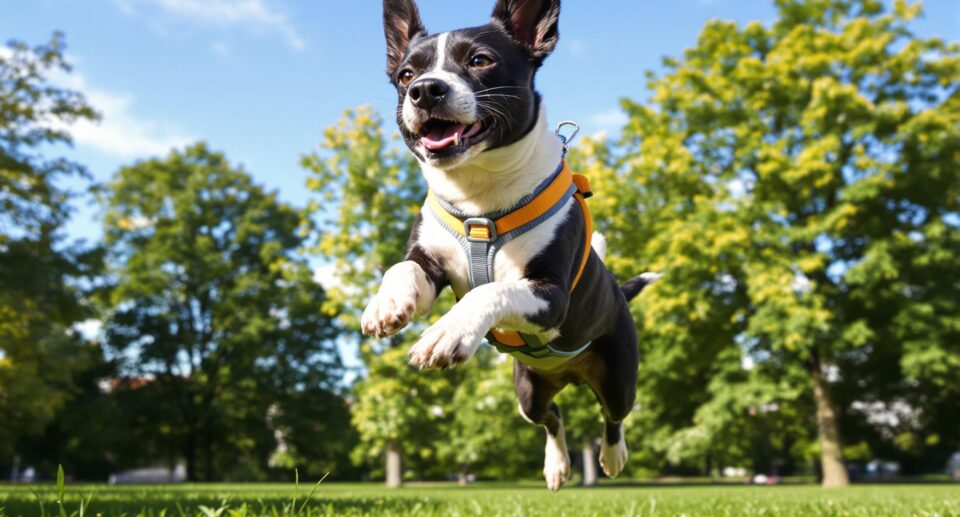 A playful mixed-breed dog wearing a harness leaps energetically during fetch in a sunlit urban park, highlighting dog mobility and joy.