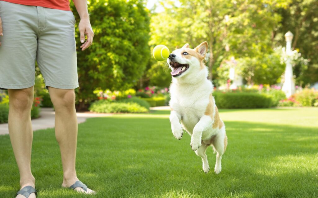 A playful medium-sized dog with a glossy white and tan coat leaps energetically to catch a bright yellow tennis ball in a vibrant suburban backyard.