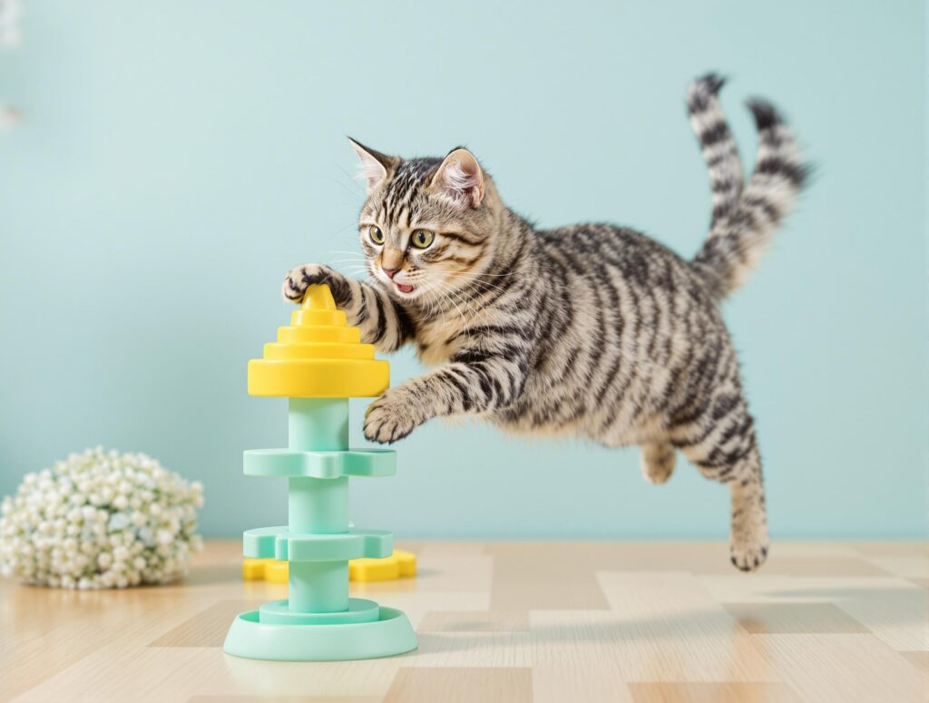 Energetic domestic cat playing with a bright yellow and mint green interactive toy in a modern interior.