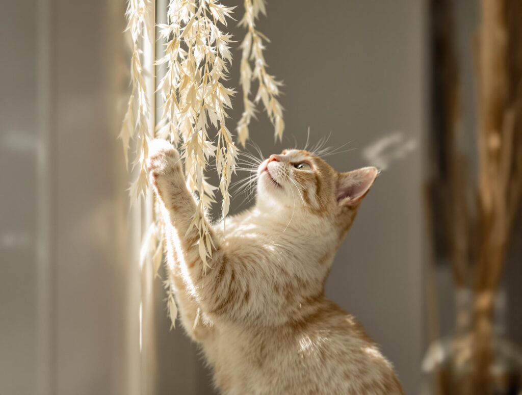 a cat plays with hanging ornamental grass