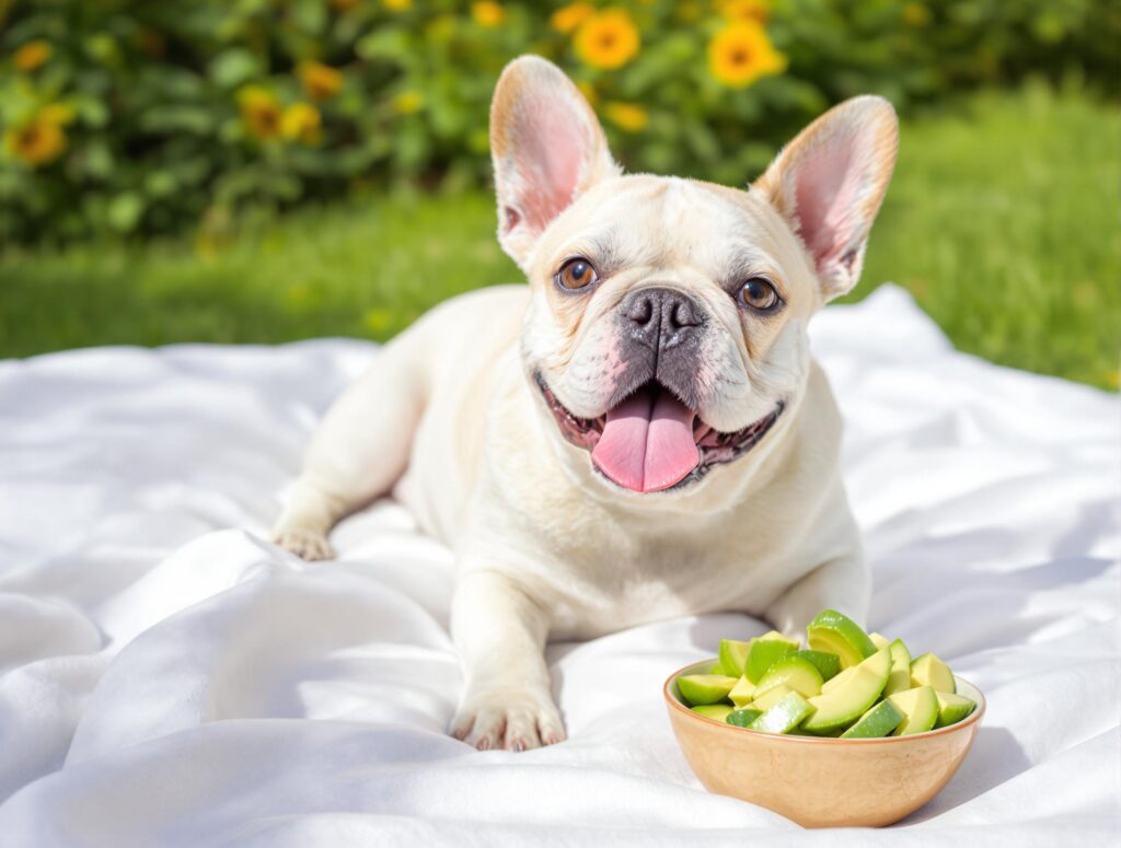A playful French Bulldog on a white picnic blanket in a vibrant garden with avocado slices nearby.