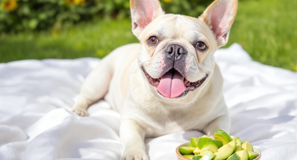 A playful French Bulldog on a white picnic blanket in a vibrant garden with avocado slices nearby.