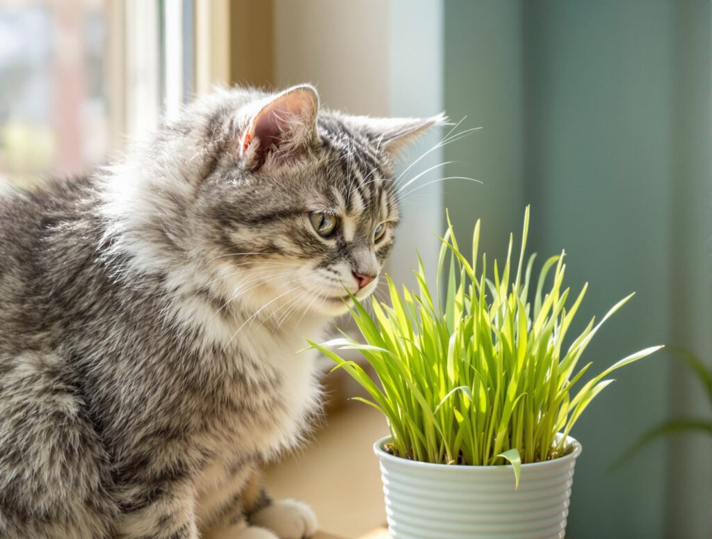 A curious tabby cat investigating vibrant cat grass on a sunlit windowsill, highlighting poisonous plants for cats.