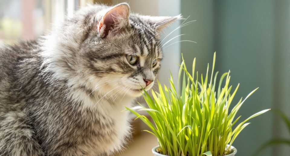 A curious tabby cat investigating vibrant cat grass on a sunlit windowsill, highlighting poisonous plants for cats.