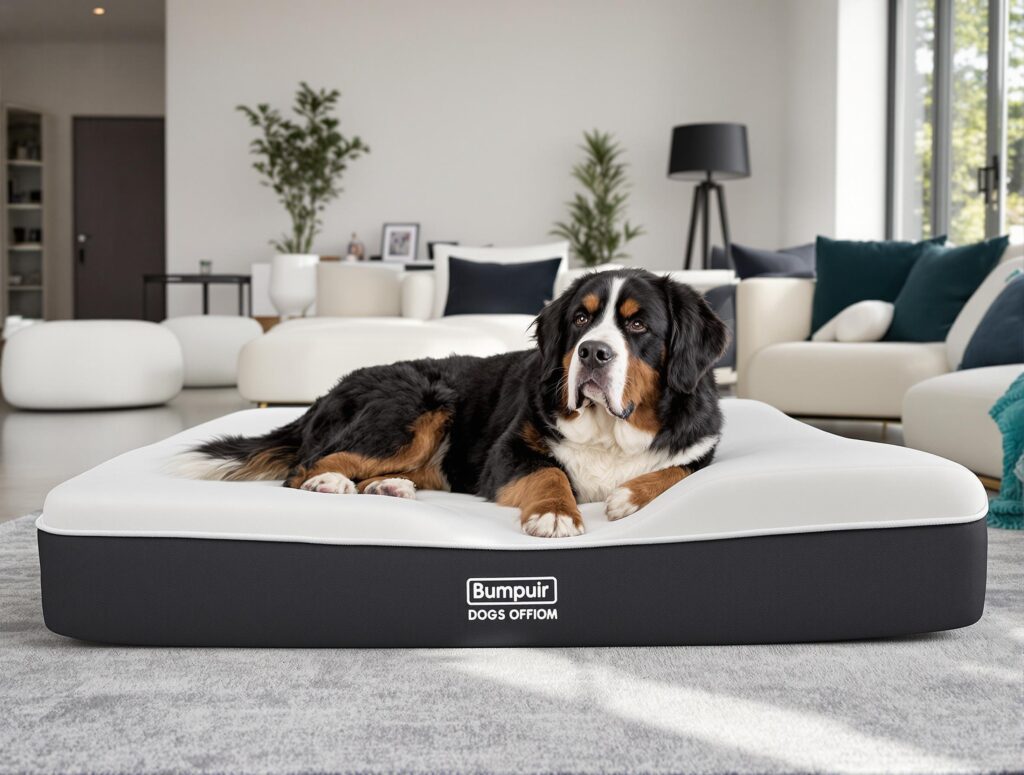 A serene Bernese Mountain Dog resting on a premium orthopedic memory foam dog bed in a modern living room.