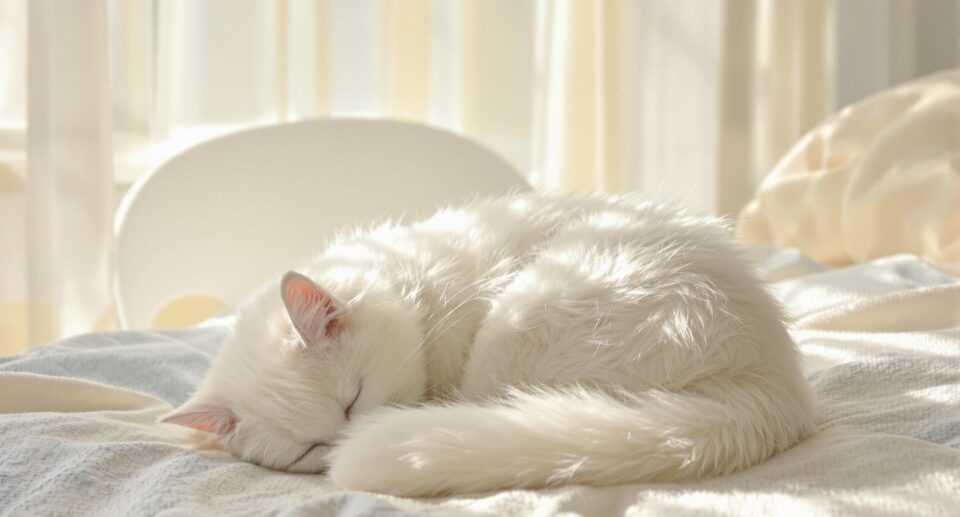 A pure white Persian cat sleeping on a textured bedspread in a tranquil domestic scene, highlighting how to prevent fleas on your cat.