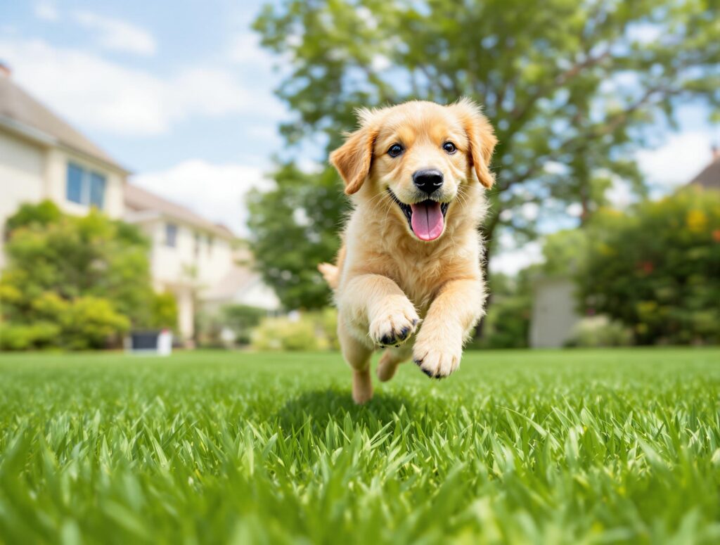 Golden Retriever puppy running joyfully in a suburban yard, illustrating flea prevention for dogs.