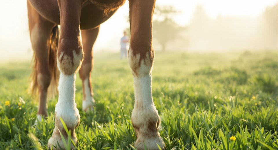 A serene landscape of a bay or chestnut horse in a lush pasture, highlighting its healthy hooves under warm morning light.