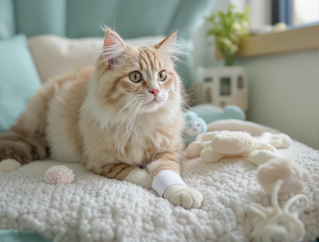 A fluffy cat with a bandaged paw sits on a cushion surrounded by toys, emphasizing professional veterinary care.