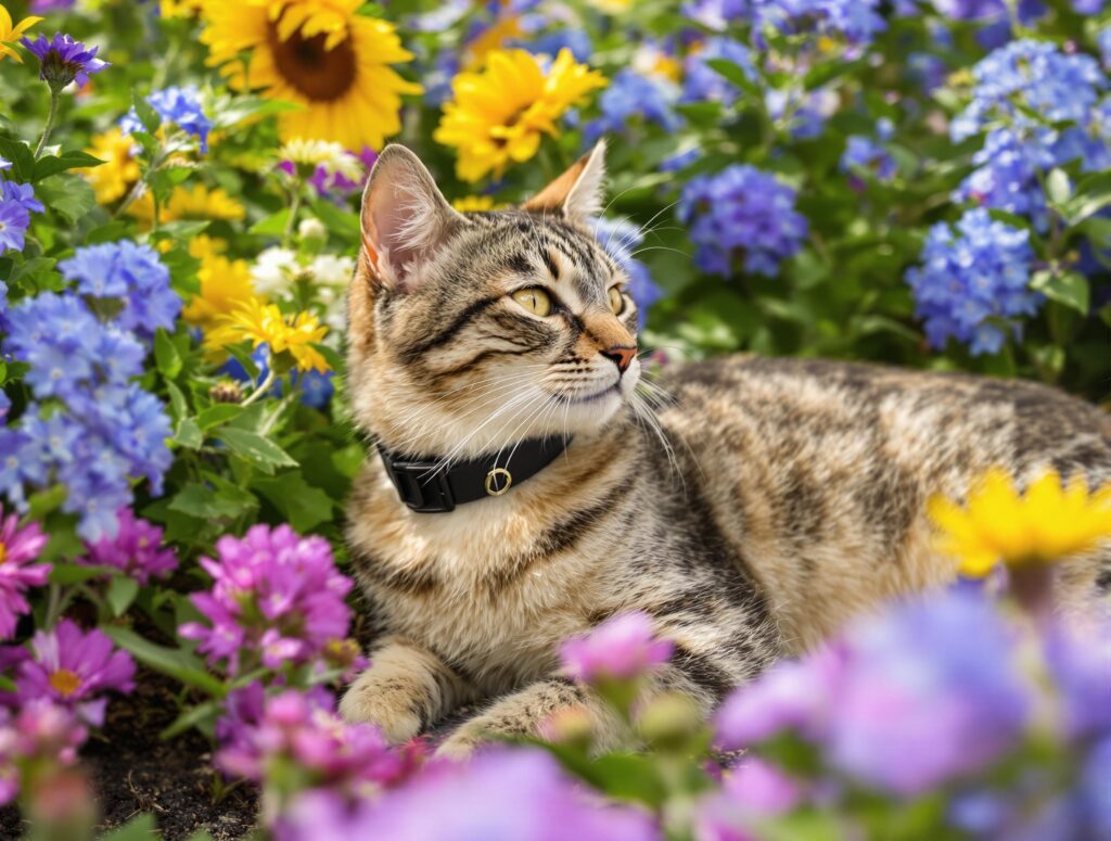 Serene tabby cat with black flea collar resting in a vibrant garden, surrounded by blooming flowers, highlighting spring protection for cats.
