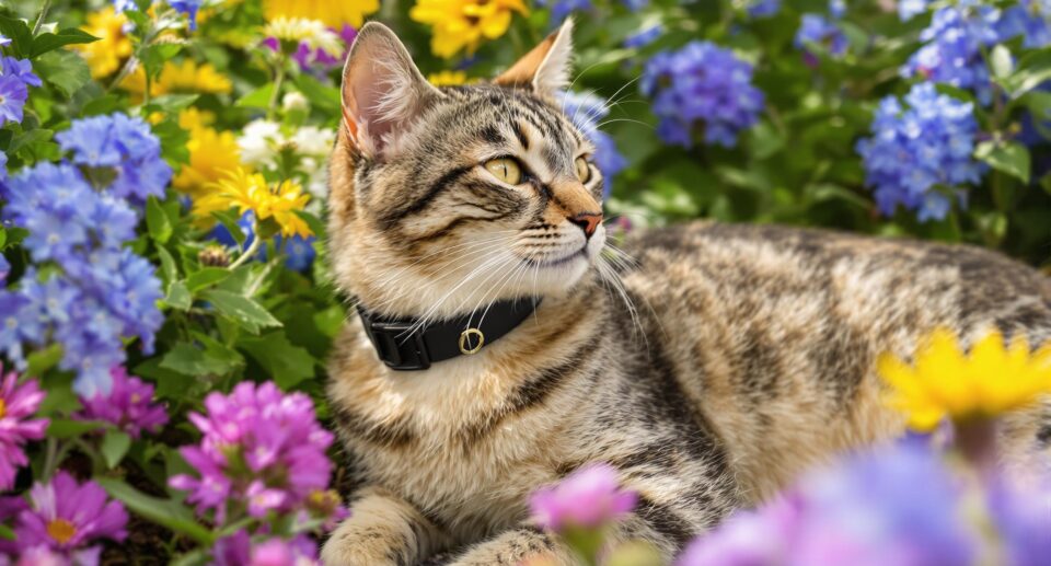 Serene tabby cat with black flea collar resting in a vibrant garden, surrounded by blooming flowers, highlighting spring protection for cats.