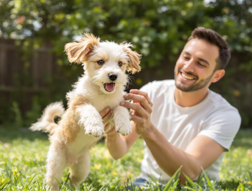 Playful medium-sized puppy leaping joyfully with owner in backyard, highlighting dog protection against worms.