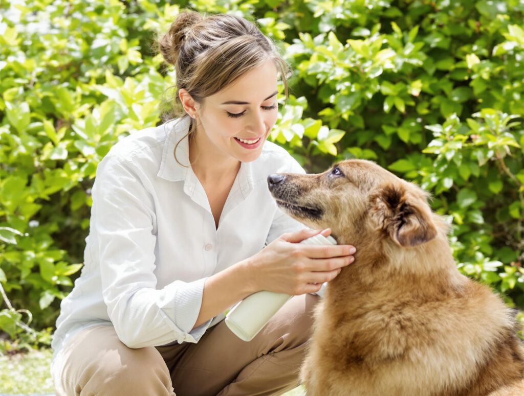 A professional service dog with a Cornflower Blue harness sits attentively, highlighting pet safety and identification against a wooden fence.