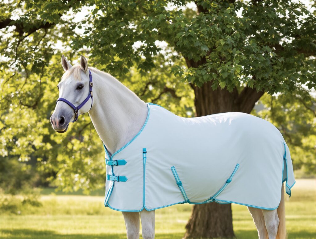 Light-colored horse in UV-protective fly sheet stands under oak tree, highlighting sunburn prevention for horses.